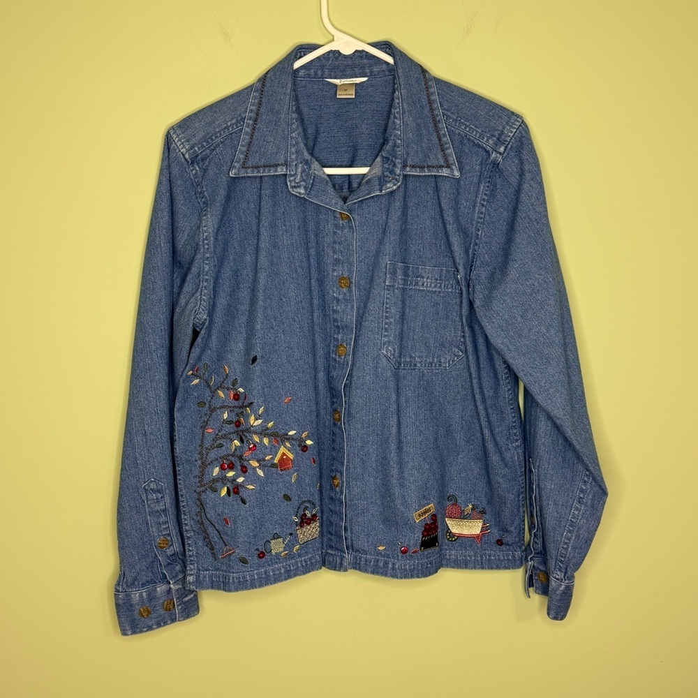 Vintage 2004 Christopher & Banks Jean Denim shirt Embroidery apples Fall woman M
